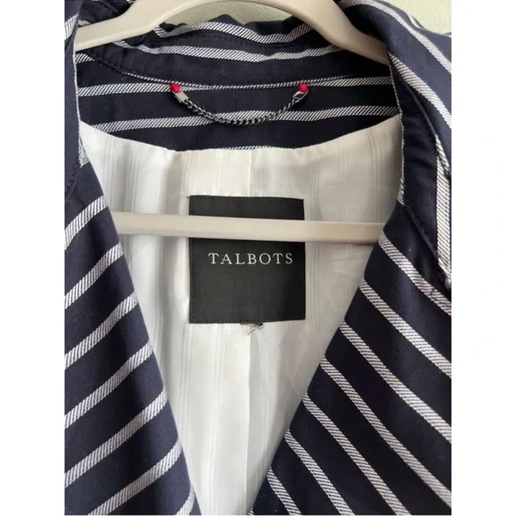 Talbots Blue White Striped Belted Trench Coat Jacket Lined Cotton - Large - Picture 5 of 10